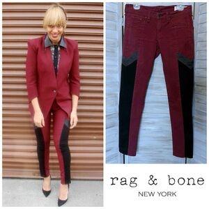 Rag & Bone for Intermix burgundy moto jeans w/ black + gray colorblock panels 28